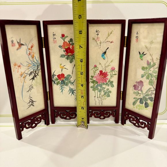 Chinese 4 Panel Screen Hand Painted Silk Lacquer Rose Wood - Signed, VTG, RARE - Picture 10 of 11
